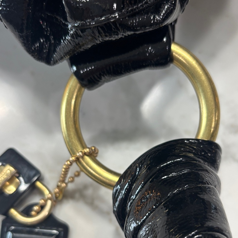 Coach Glossy Black Shoulder Bag HOBO drawstring with Gold Details.LEATHER. - Picture 13 of 14